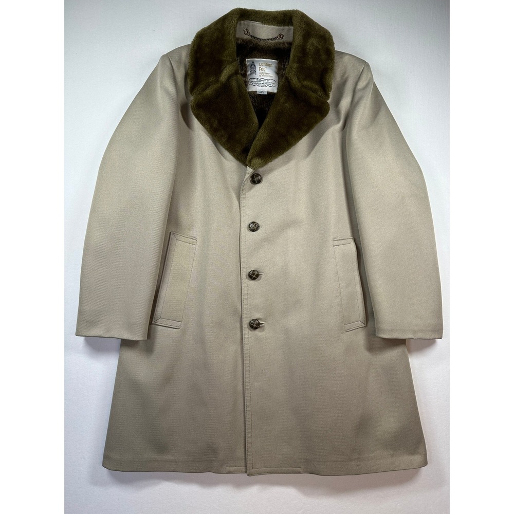 Vtg London Fog Faux Fur Lined Overcoat Mens Sz 38 Fur Collar Trench Coat Mad Men